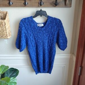 Vtg 80s Objectives Cable Knit Sweater Womens S Blue Purple Linen Blend Fisherman